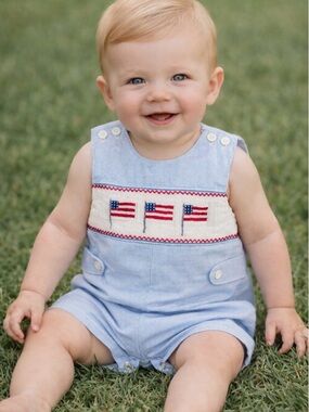 Mom & Me Smocked Patriotic JonJon Romper 12M American Flag Blue Gingham July 4th